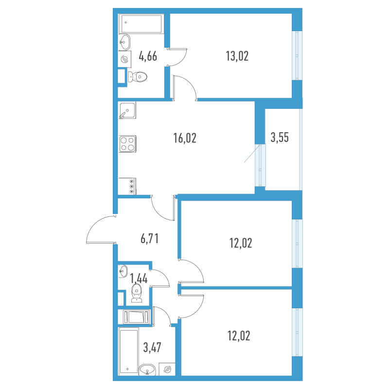 4-комнатная (Евро) квартира, 71.14 м² в ЖК "Аэросити" - планировка, фото №1