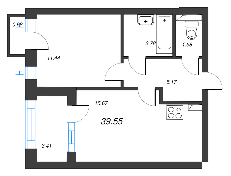 1-комнатная квартира, 39.55 м² - планировка, фото №1