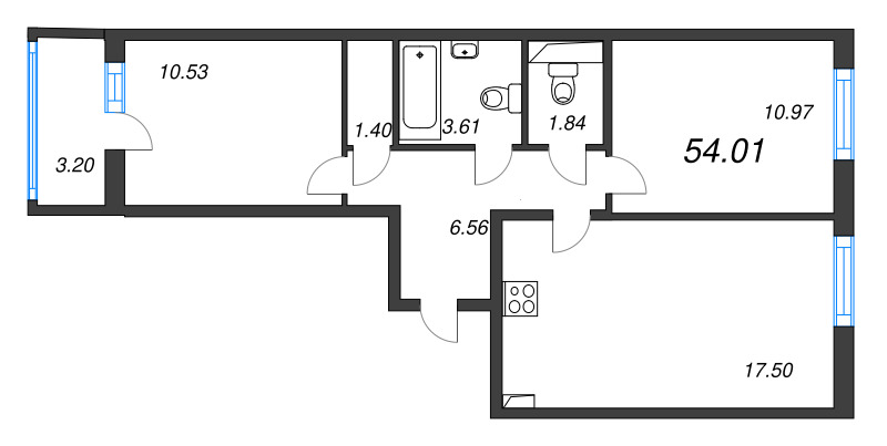 3-комнатная (Евро) квартира, 54.01 м² - планировка, фото №1