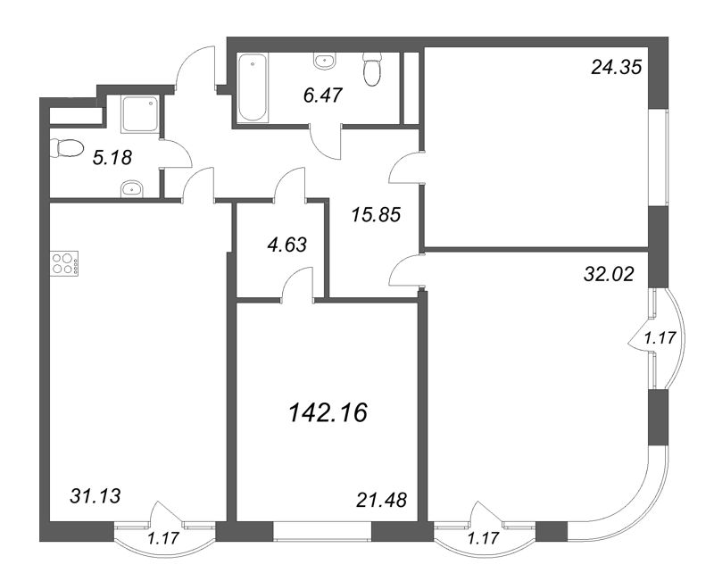 4-комнатная (Евро) квартира, 142.16 м² в ЖК "MONODOM-ART" - планировка, фото №1