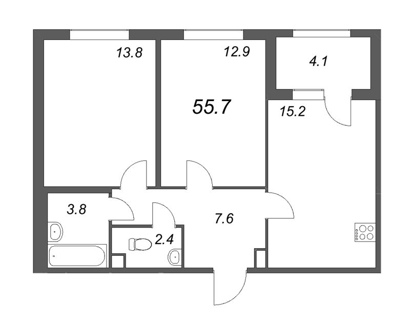 3-комнатная (Евро) квартира, 55.7 м² в ЖК "ЮгТаун" - планировка, фото №1