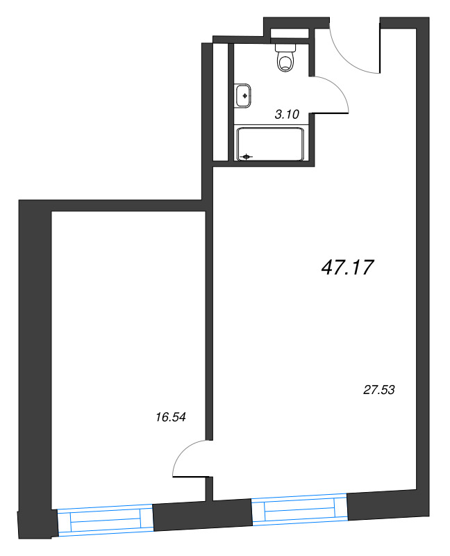 2-комнатная (Евро) квартира, 47.17 м² - планировка, фото №1