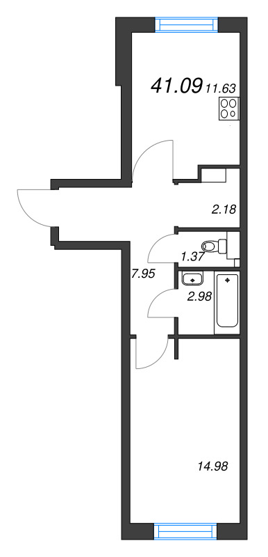 1-комнатная квартира, 41.09 м² в ЖК "Невский берег" - планировка, фото №1