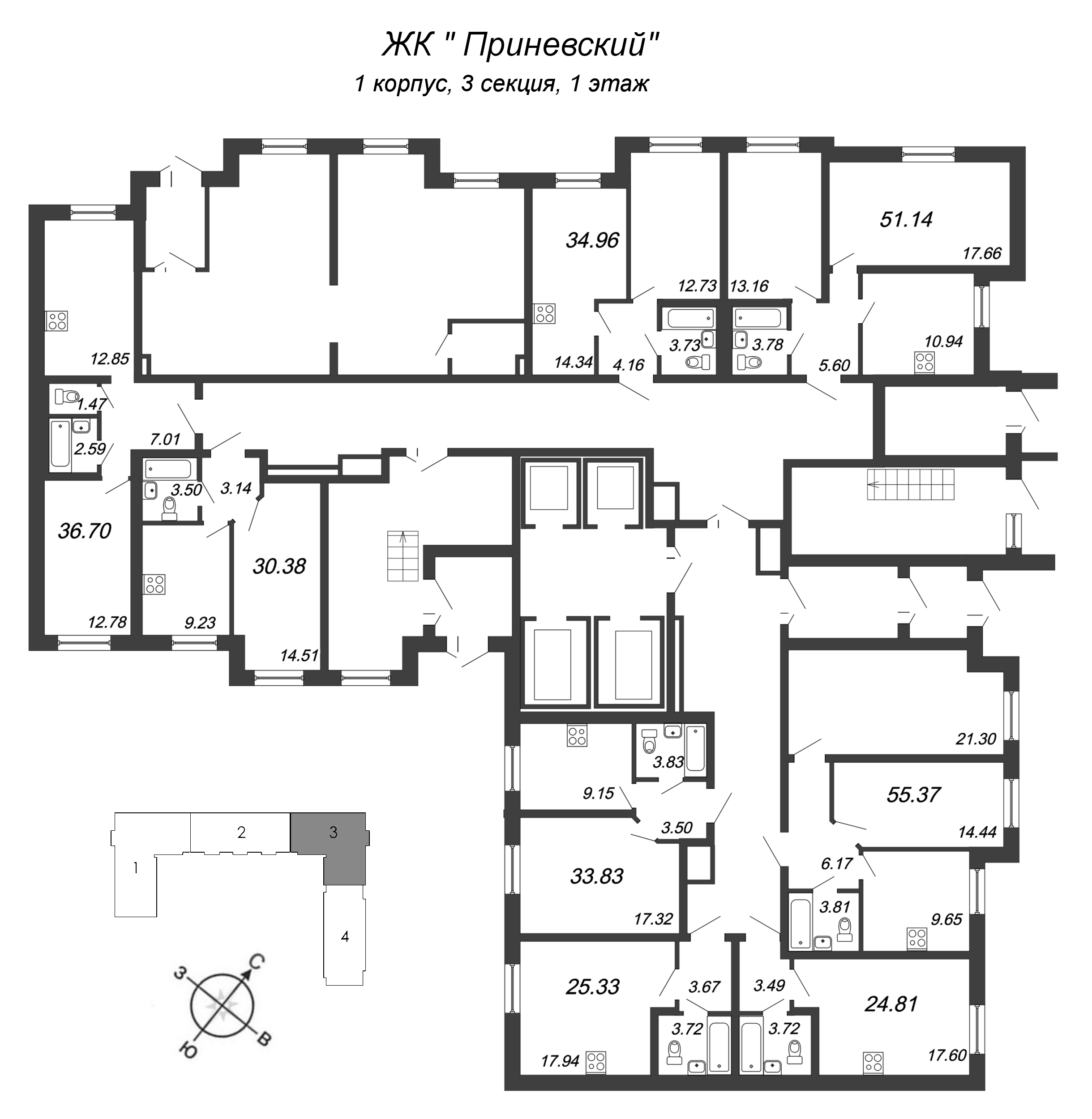 1-комнатная квартира, 30.38 м² - планировка этажа