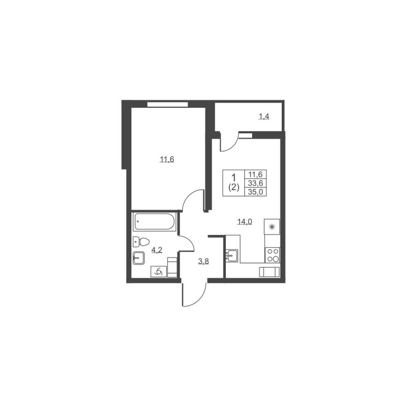 1-комнатная квартира, 35 м² в ЖК "Ермак" - планировка, фото №1