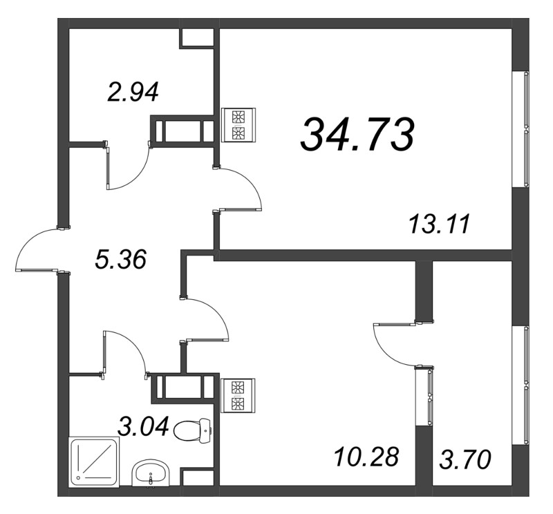 1-комнатная квартира, 34.73 м² - планировка, фото №1