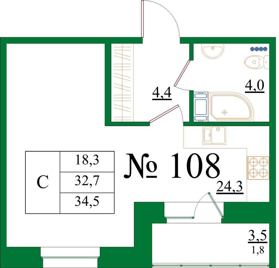 Квартира-студия, 34.5 м² - планировка, фото №1
