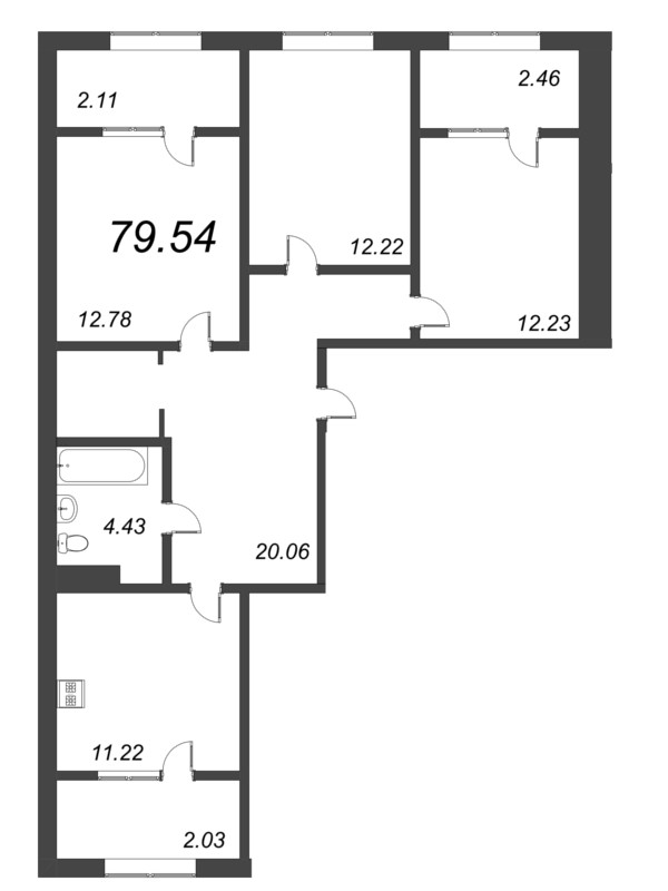 3-комнатная квартира, 79.54 м² в ЖК "Pixel" - планировка, фото №1