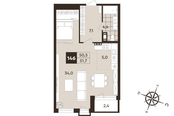 Квартира-студия, 50.5 м² в ЖК "Дом на Бронницкой" - планировка, фото №1