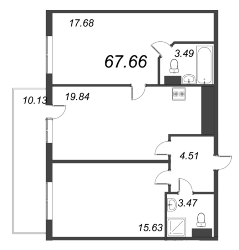 3-комнатная (Евро) квартира, 67.66 м² в ЖК "Bereg. Курортный" - планировка, фото №1