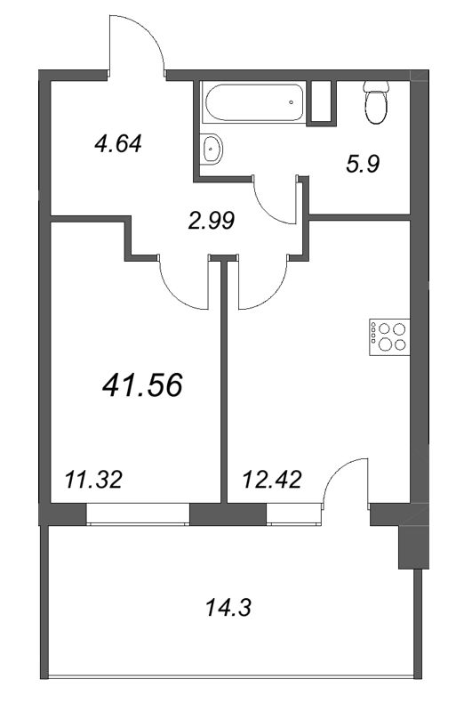 1-комнатная квартира, 41.56 м² в ЖК "Тишин" - планировка, фото №1