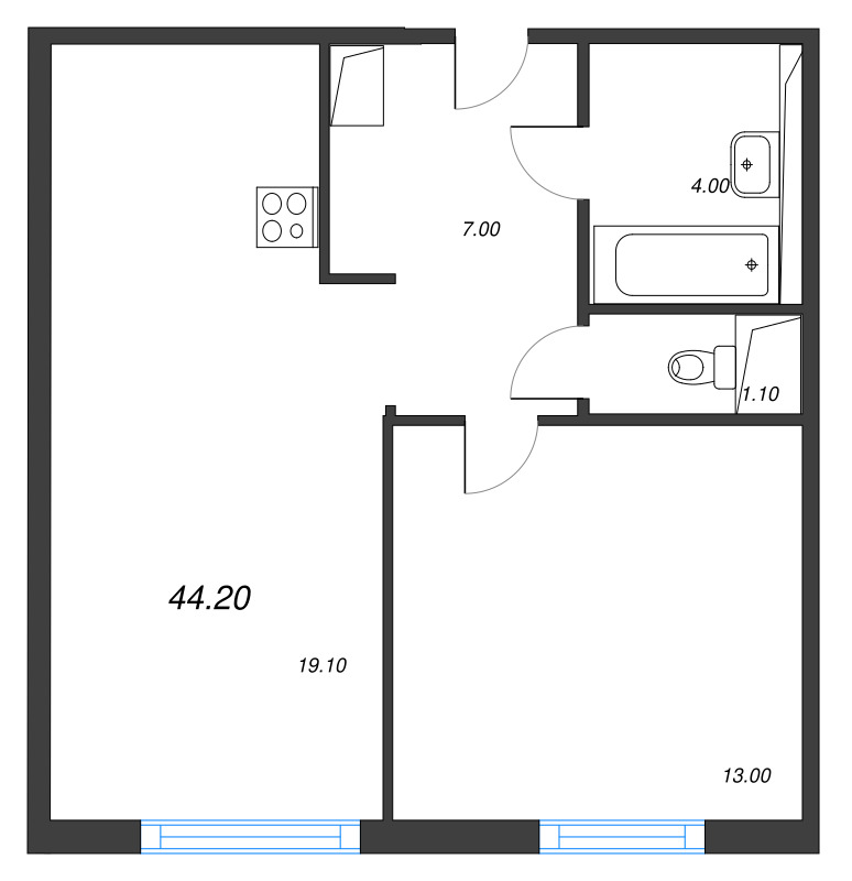 2-комнатная (Евро) квартира, 44.2 м² в ЖК "Руднева 15" - планировка, фото №1