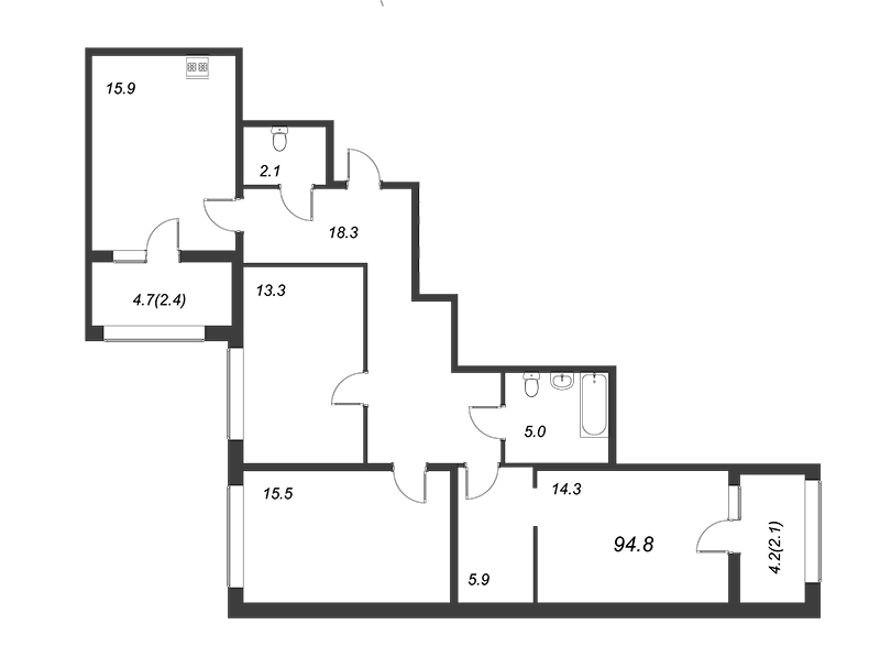 3-комнатная квартира, 95 м² - планировка, фото №1
