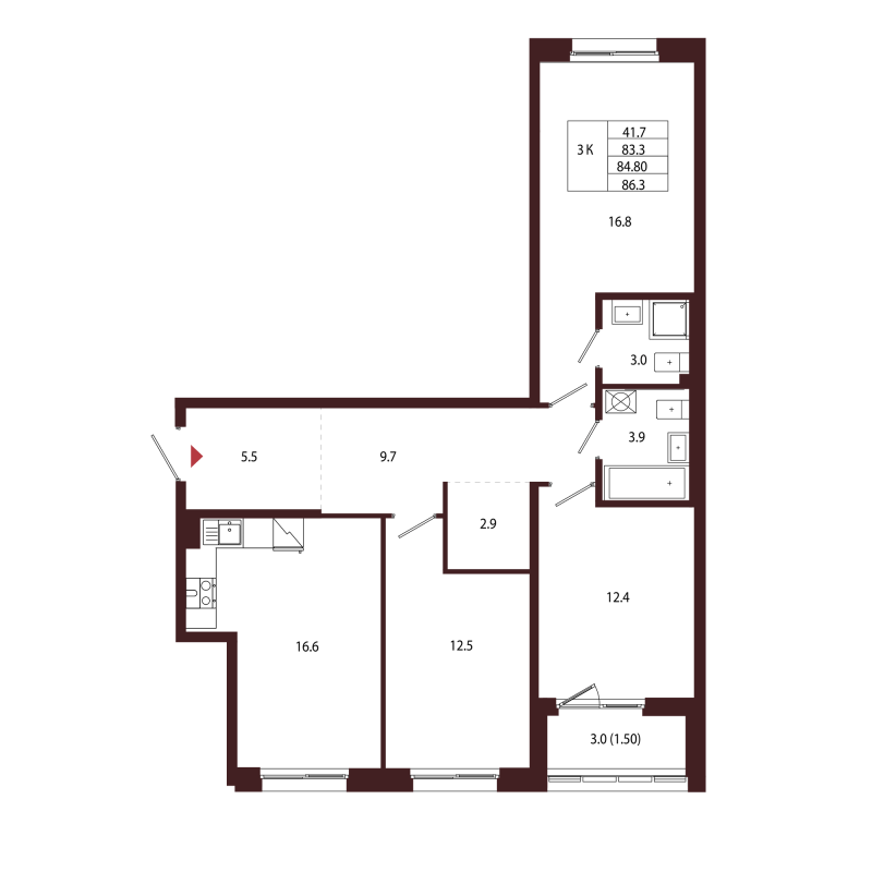 4-комнатная (Евро) квартира, 84.8 м² в ЖК "Лисино" - планировка, фото №1