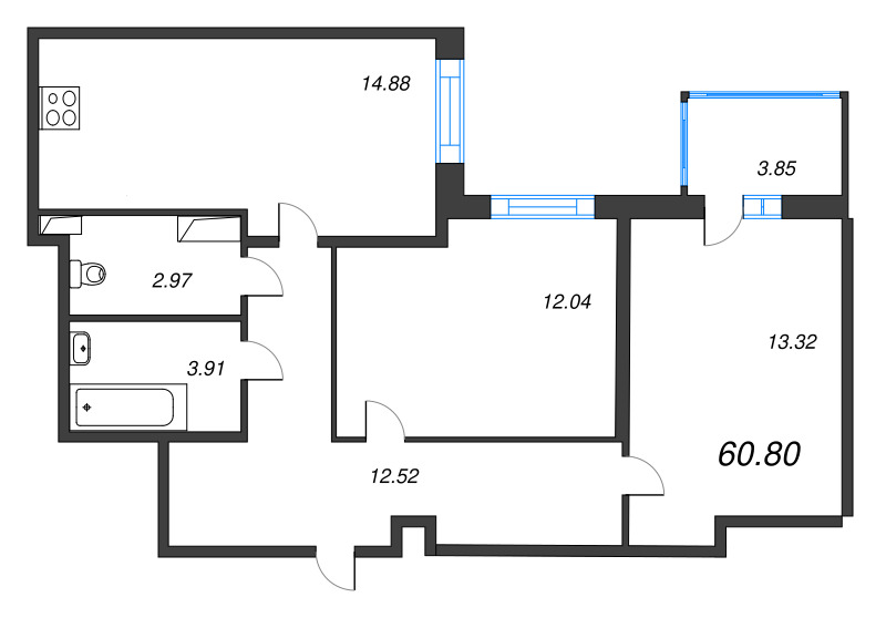 3-комнатная (Евро) квартира, 60.8 м² - планировка, фото №1