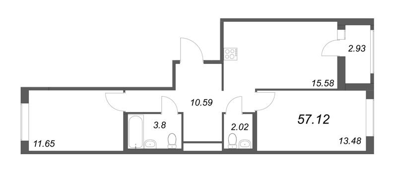 3-комнатная (Евро) квартира, 57.12 м² - планировка, фото №1