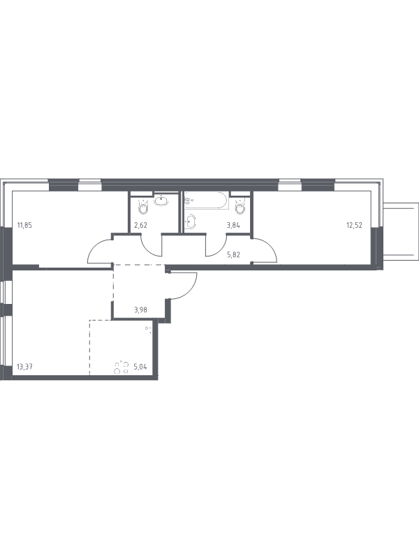 3-комнатная (Евро) квартира, 59.04 м² - планировка, фото №1