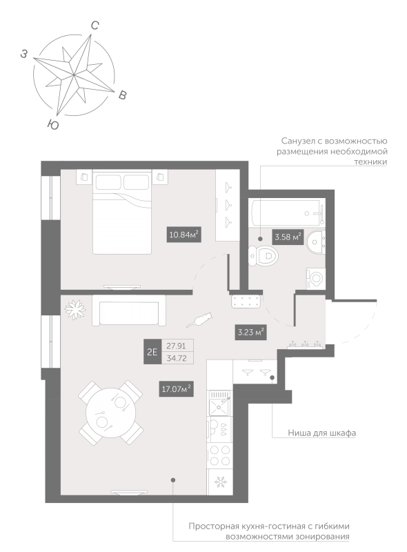 2-комнатная (Евро) квартира, 34.72 м² - планировка, фото №1