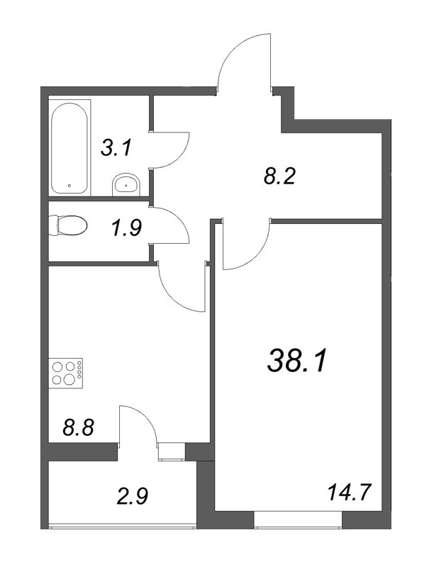 1-комнатная квартира, 38.1 м² в ЖК "Дзета" - планировка, фото №1