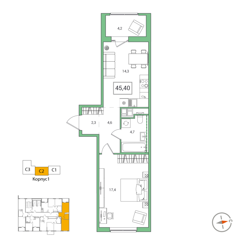 1-комнатная квартира, 45.4 м² - планировка, фото №1