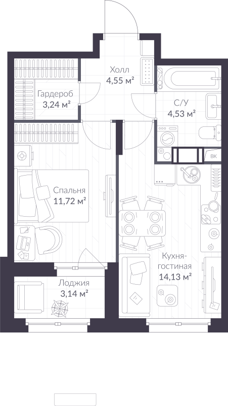 1-комнатная квартира, 39.74 м² в ЖК "VEREN NORT сертолово" - планировка, фото №1