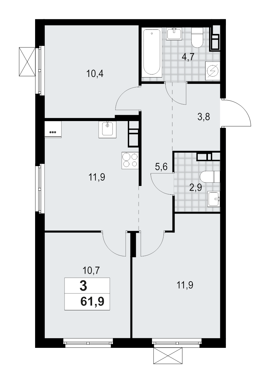 3-комнатная квартира, 61.9 м² - планировка, фото №1