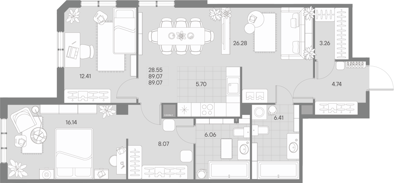 2-комнатная (Евро) квартира, 89.07 м² в ЖК "Amo" - планировка, фото №1