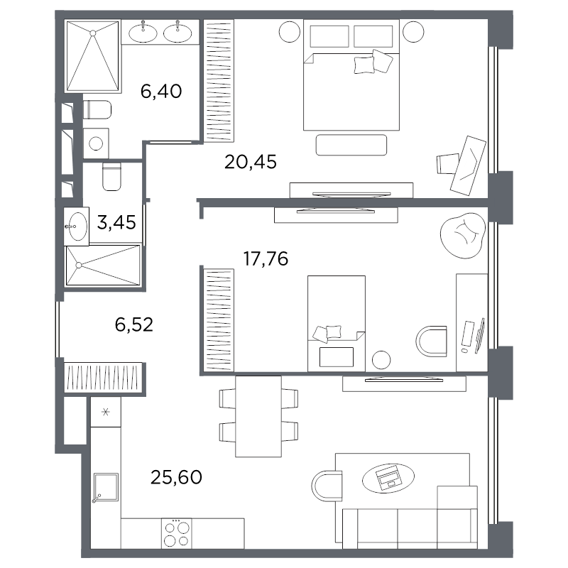 3-комнатная (Евро) квартира, 80.18 м² в ЖК "Акватория" - планировка, фото №1