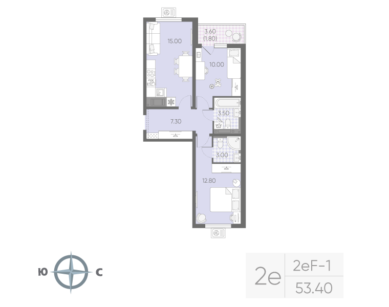 3-комнатная (Евро) квартира, 53.4 м² в ЖК "Зеркальный ручей" - планировка, фото №1