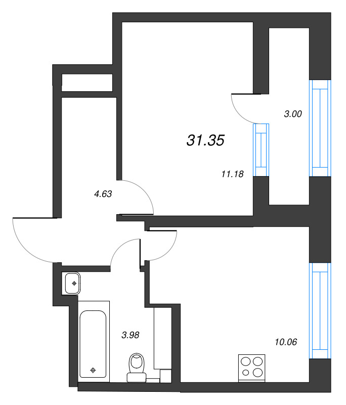 1-комнатная квартира, 31.35 м² - планировка, фото №1