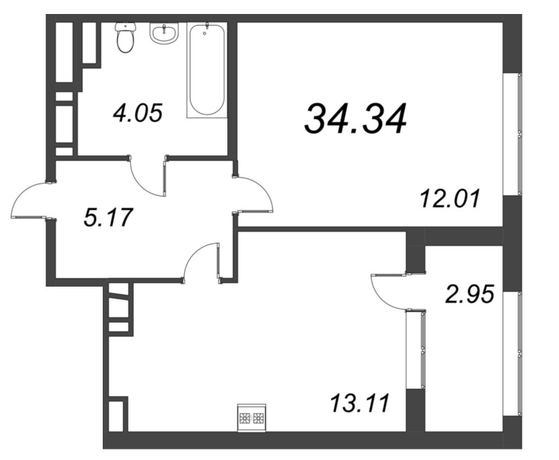 1-комнатная квартира, 34.34 м² в ЖК "Б15" - планировка, фото №1