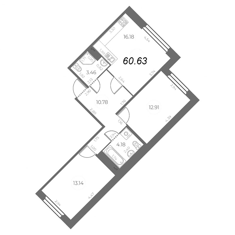 3-комнатная (Евро) квартира, 60.63 м² - планировка, фото №1