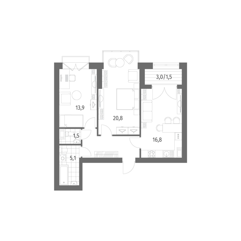 3-комнатная (Евро) квартира, 68.23 м² в ЖК "Наука" - планировка, фото №1