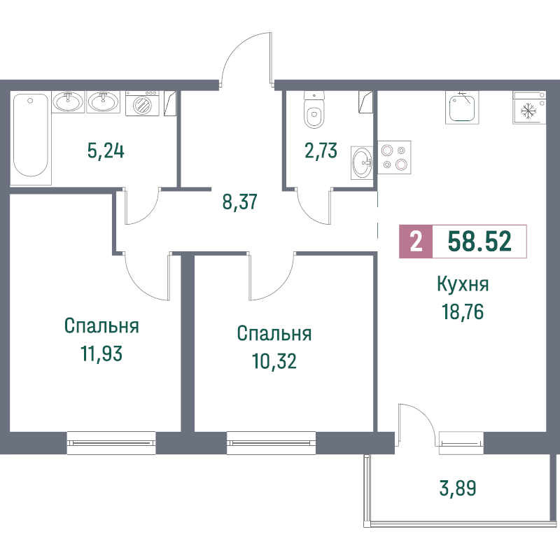 3-комнатная (Евро) квартира, 58.52 м² в ЖК "Фотограф" - планировка, фото №1