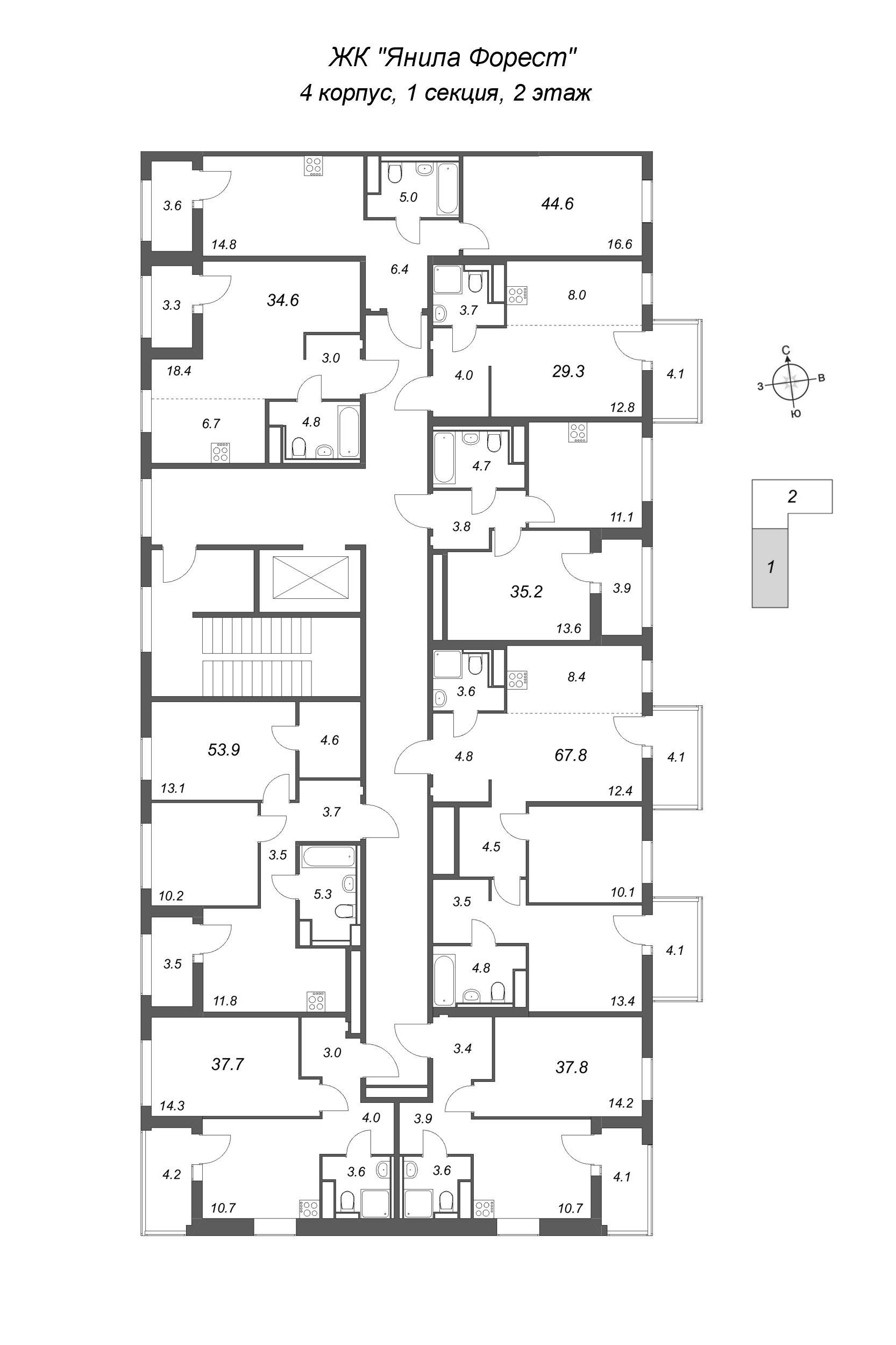 2-комнатная квартира, 53.9 м² в ЖК "Янила Форест" - планировка этажа