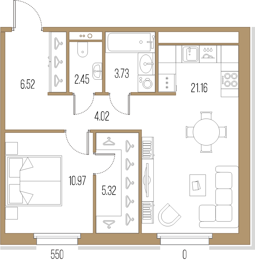 2-комнатная (Евро) квартира, 54.17 м² в ЖК "Большой Сампсониевский, 32" - планировка, фото №1