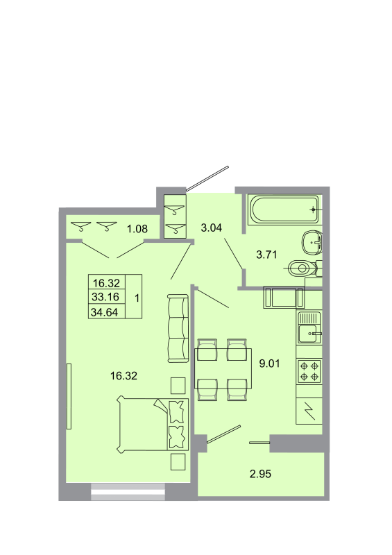 1-комнатная квартира, 33.8 м² - планировка, фото №1