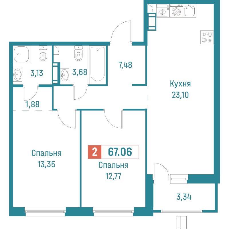 3-комнатная (Евро) квартира, 67.06 м² в ЖК "Графика" - планировка, фото №1