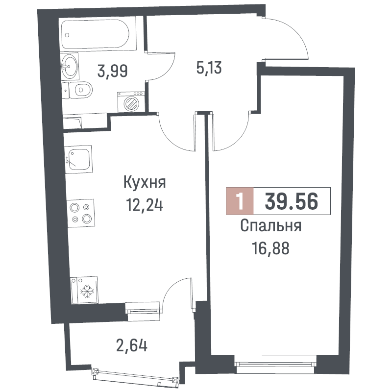 1-комнатная квартира, 39.56 м² в ЖК "Авиатор" - планировка, фото №1
