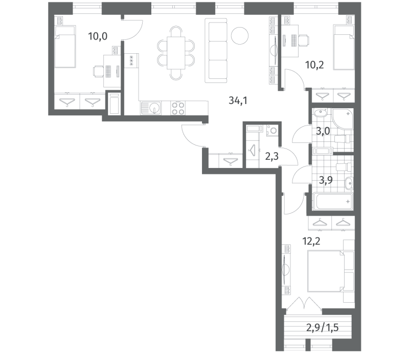 3-комнатная квартира, 77.13 м² в ЖК "NewПитер 2.0" - планировка, фото №1