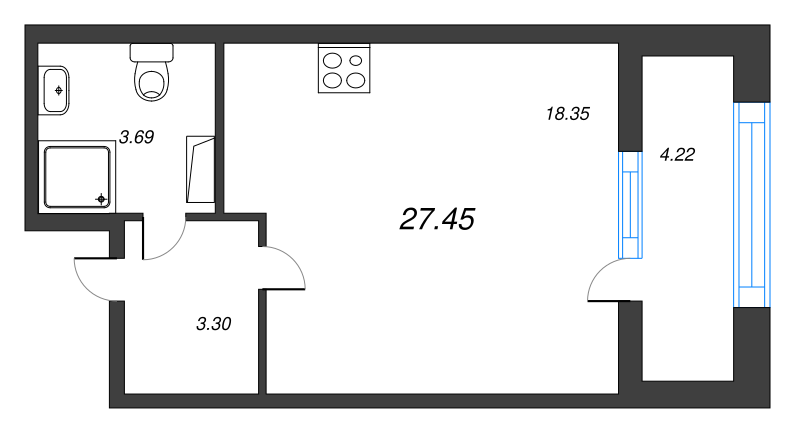 Квартира-студия, 27.45 м² в ЖК "БелАрт" - планировка, фото №1
