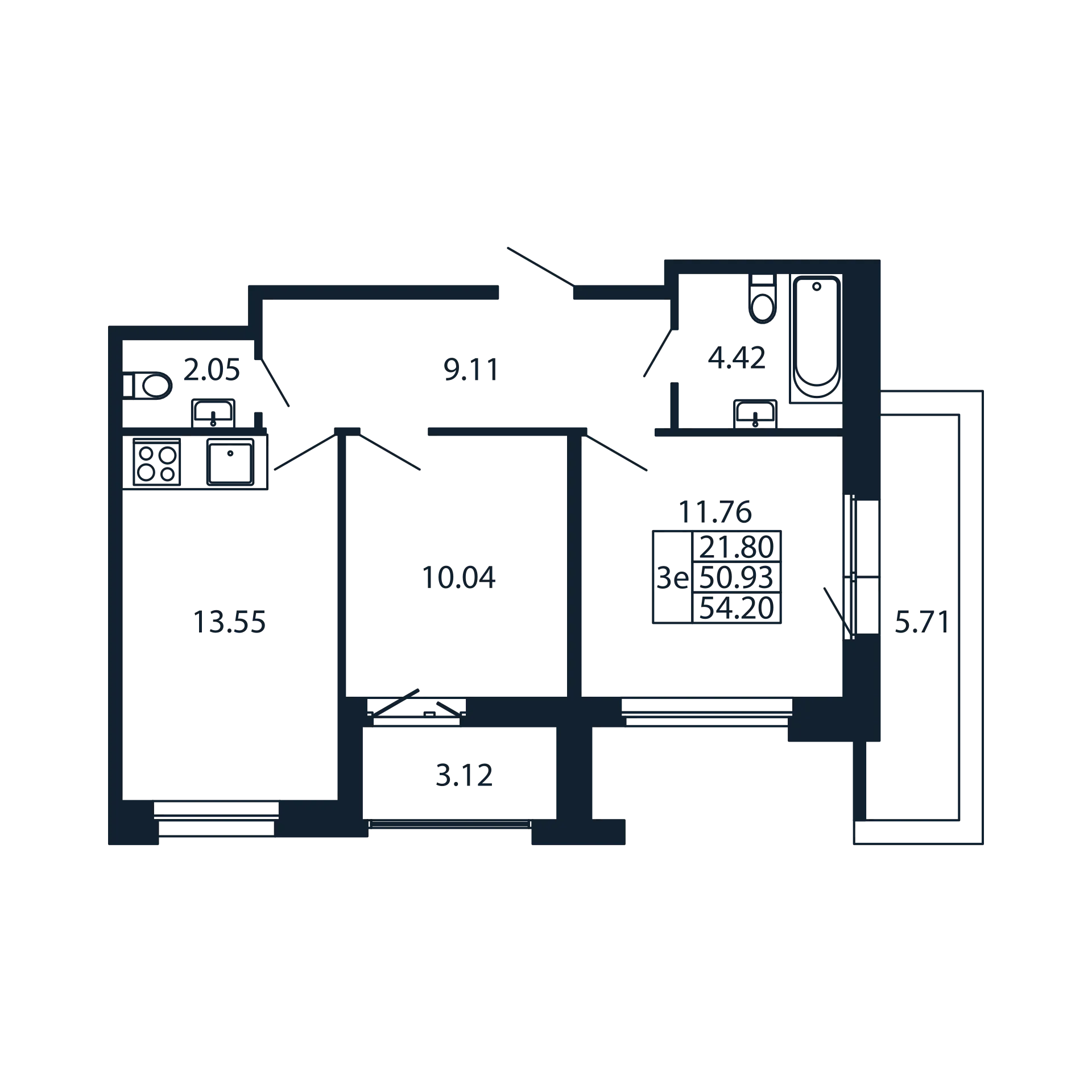 2-комнатная квартира, 50.93 м² - планировка, фото №1