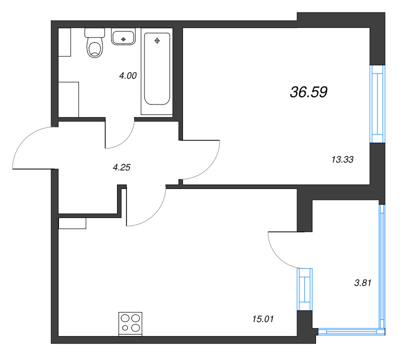 2-комнатная (Евро) квартира, 36.59 м² в ЖК "Любоград" - планировка, фото №1