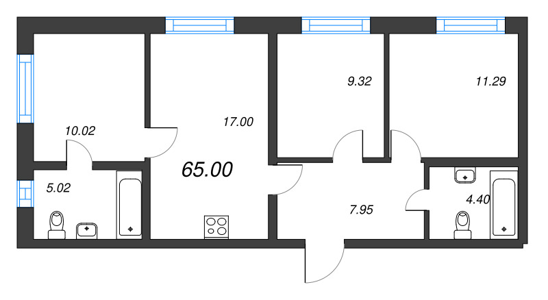 4-комнатная (Евро) квартира, 65 м² в ЖК "Старлайт" - планировка, фото №1