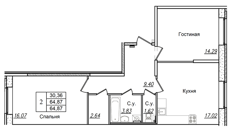 2-комнатная квартира, 64.9 м² в ЖК "Новое Колпино" - планировка, фото №1