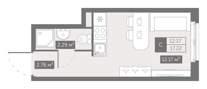 Квартира-студия, 17.22 м² в ЖК "Zoom на Неве" - планировка, фото №1