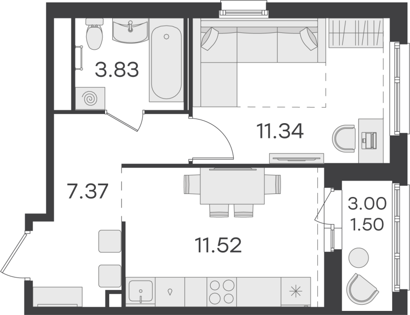 1-комнатная квартира, 35.56 м² - планировка, фото №1