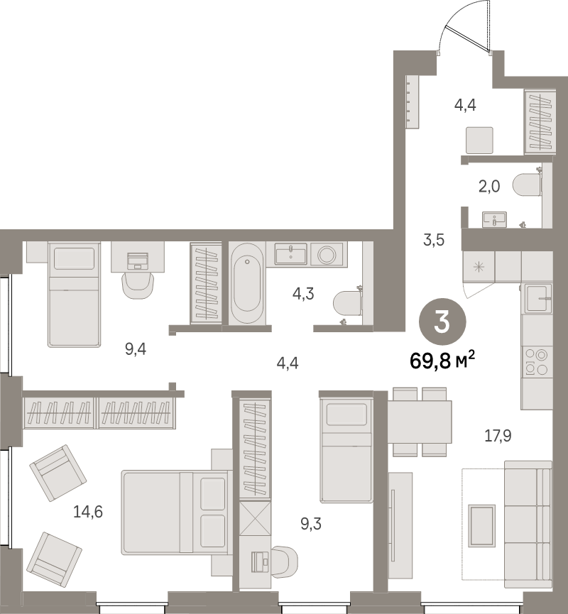 4-комнатная (Евро) квартира, 69.8 м² в ЖК "Северный ветер" - планировка, фото №1