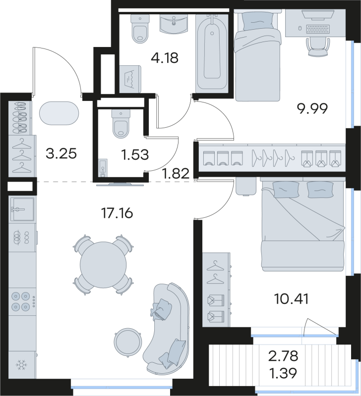 3-комнатная (Евро) квартира, 49.73 м² - планировка, фото №1