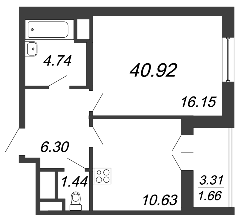 1-комнатная квартира, 40.92 м² в ЖК "Дефанс Бизнес" - планировка, фото №1